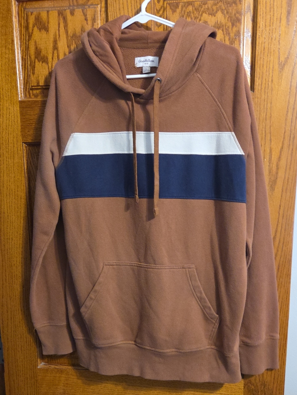 Goodfellow & Co Brown Hoodie with Navy and Cream Chest Stripe